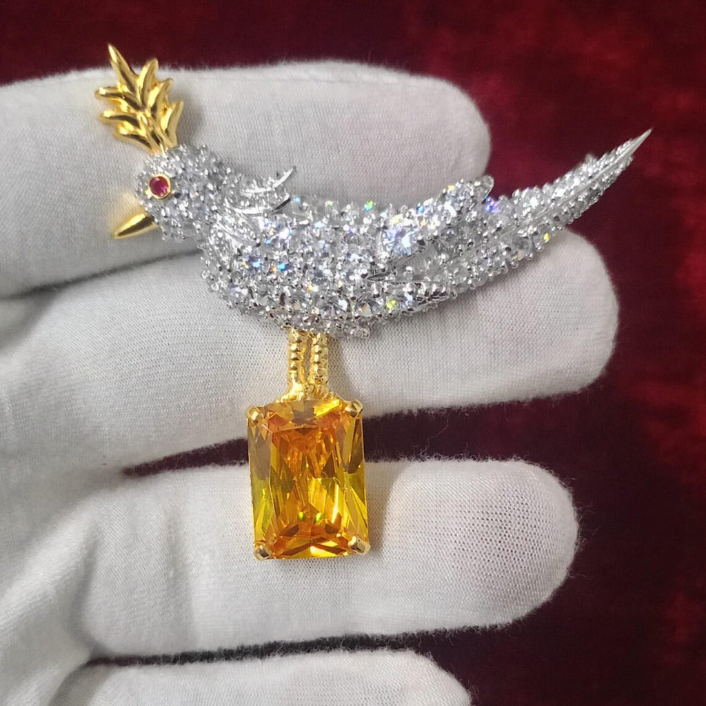 925 Sterling silver Zircon Golden Topaz Bird Brooch – Elegant Bird Shaped Statement Jewelry Pin
