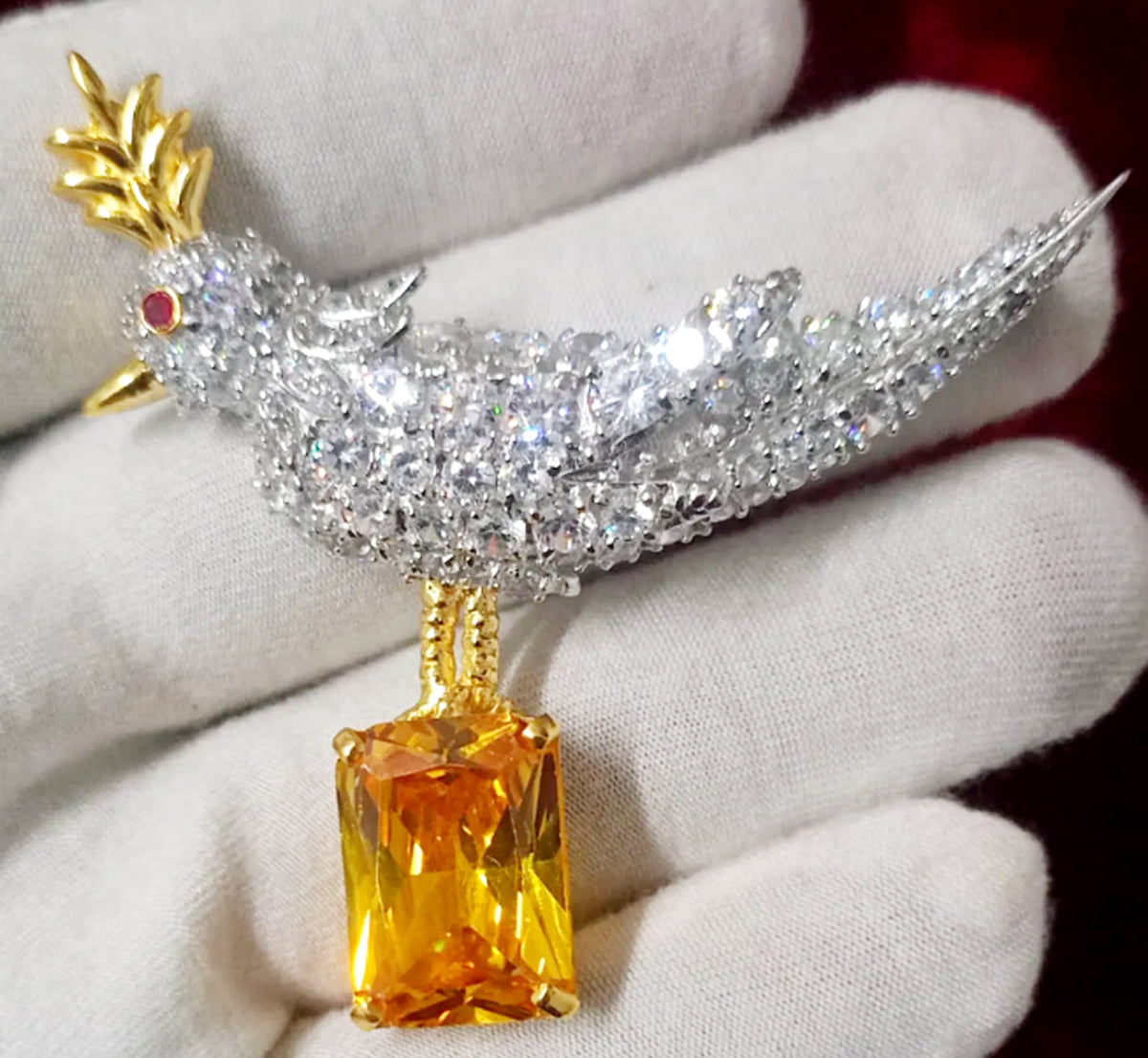 925 Sterling silver Zircon Golden Topaz Bird Brooch – Elegant Bird Shaped Statement Jewelry Pin