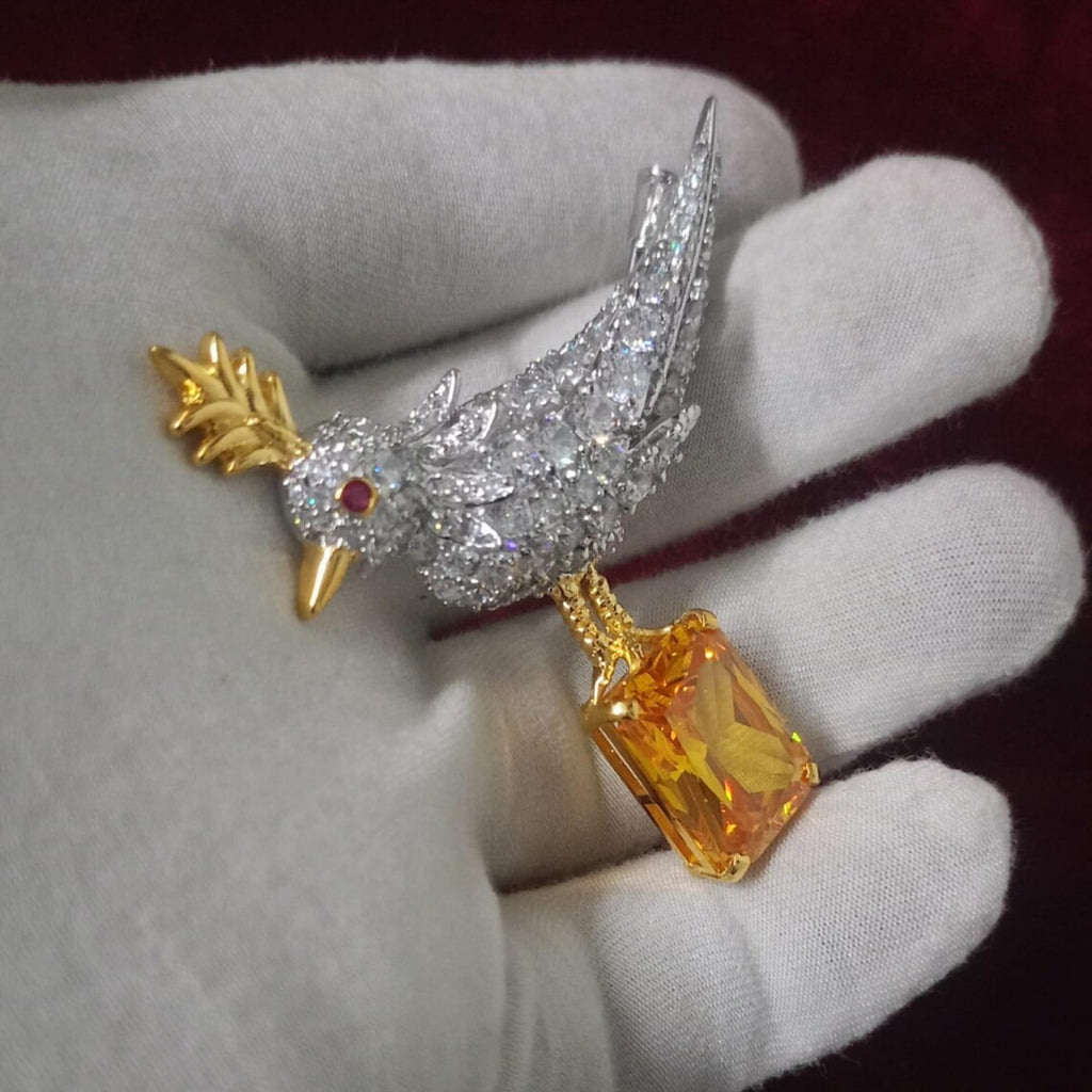 925 Sterling silver Zircon Golden Topaz Bird Brooch – Elegant Bird Shaped Statement Jewelry Pin