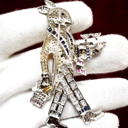 925 Silver Cubic Zircon Sapphire Golden Topaz Brooch Waiter Rabbit Unisex Pin