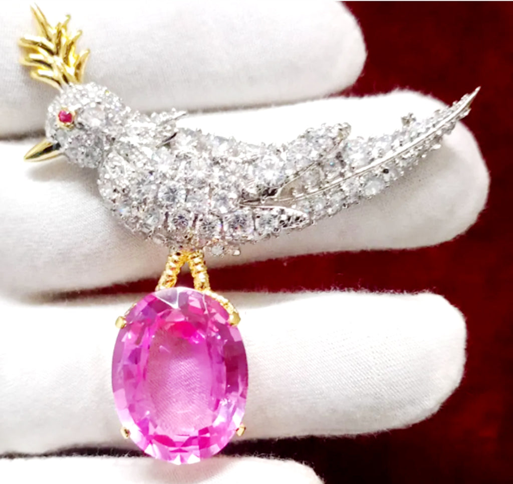 Cubic Zircon 925 Sterling Silver Ruby Bird Brooch – Elegant Bird Shaped Statement Jewelry Pin