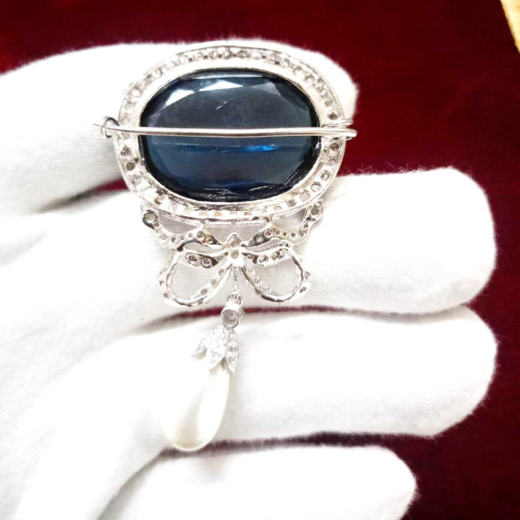 Diamond 925 Silver Blue Sapphire Brooch – Elegant Designer Jewelry Pin