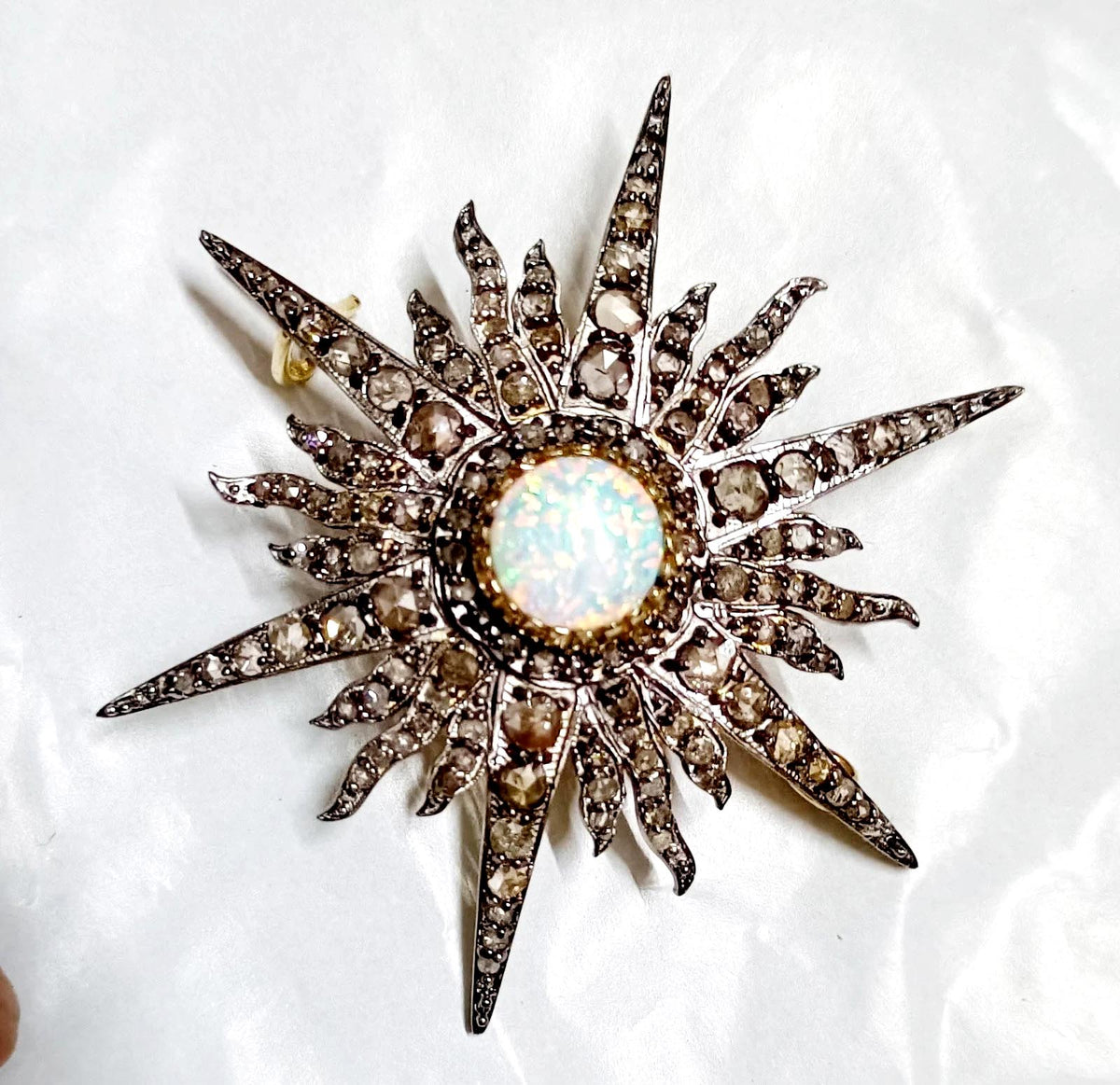Rose cut 2.64ct Diamond Silver Opal Antique Finish Brooch– Elegant Designer Jewelry Pin
