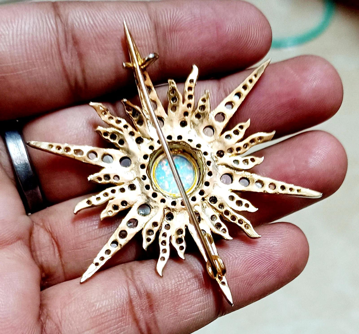 Rose cut 2.64ct Diamond Silver Opal Antique Finish Brooch– Elegant Designer Jewelry Pin