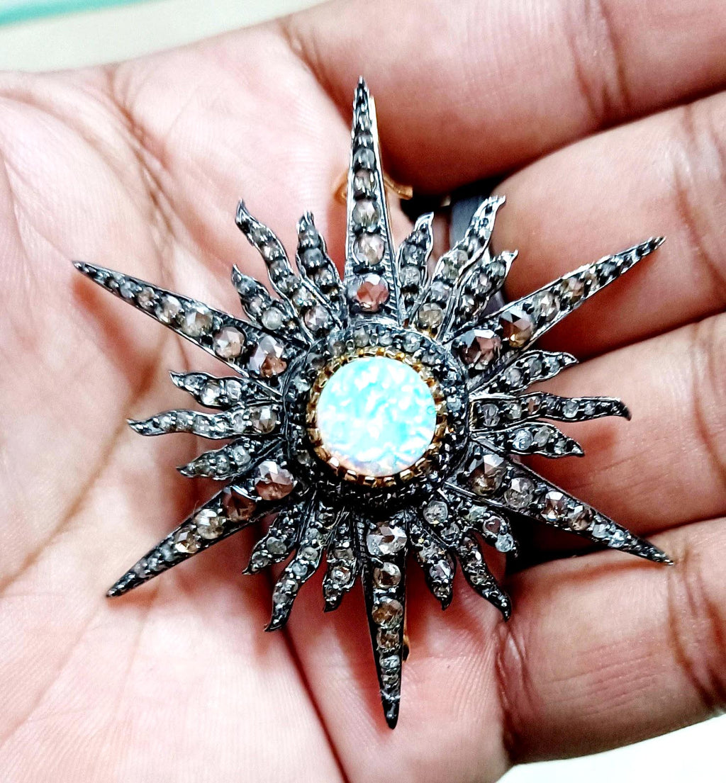 Rose cut 2.64ct Diamond Silver Opal Antique Finish Brooch– Elegant Designer Jewelry Pin