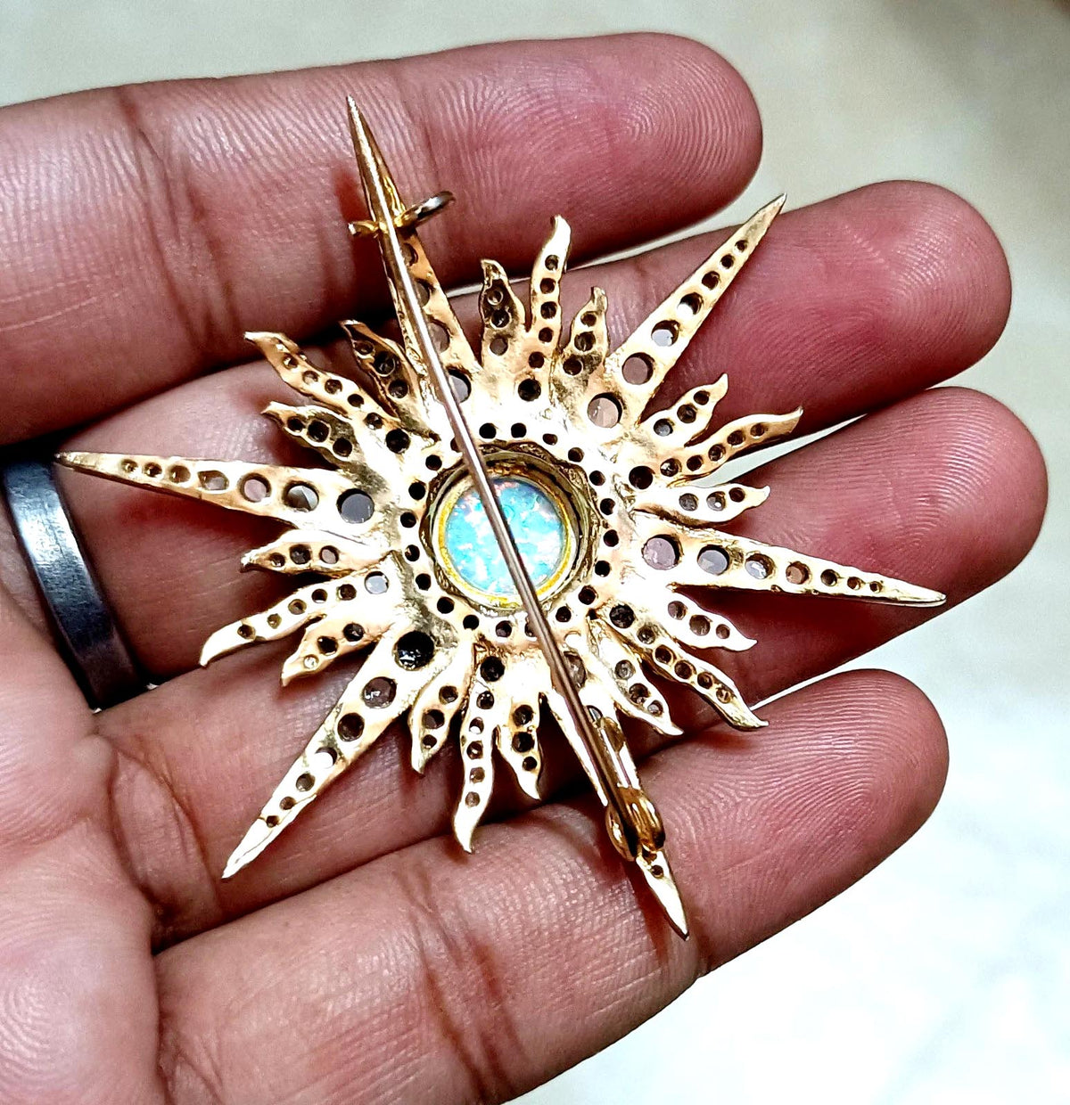 Rose cut 2.64ct Diamond Silver Opal Antique Finish Brooch– Elegant Designer Jewelry Pin