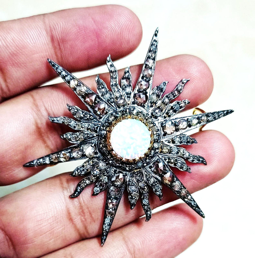 Rose cut 2.64ct Diamond Silver Opal Antique Finish Brooch– Elegant Designer Jewelry Pin