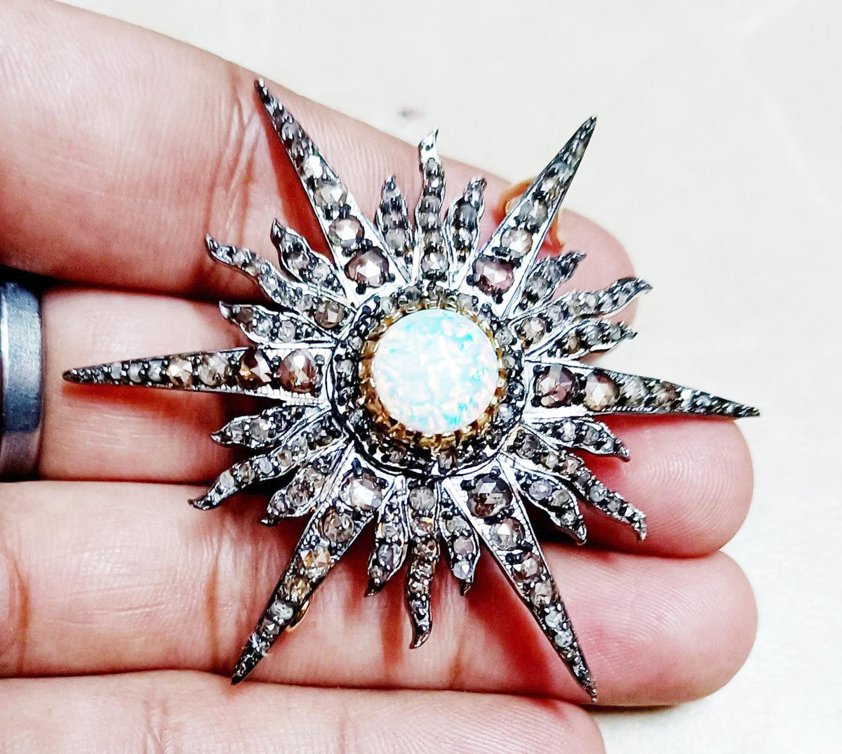 Rose cut 2.64ct Diamond Silver Opal Antique Finish Brooch– Elegant Designer Jewelry Pin