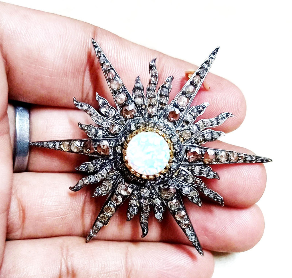 Rose cut 2.64ct Diamond Silver Opal Antique Finish Brooch– Elegant Designer Jewelry Pin