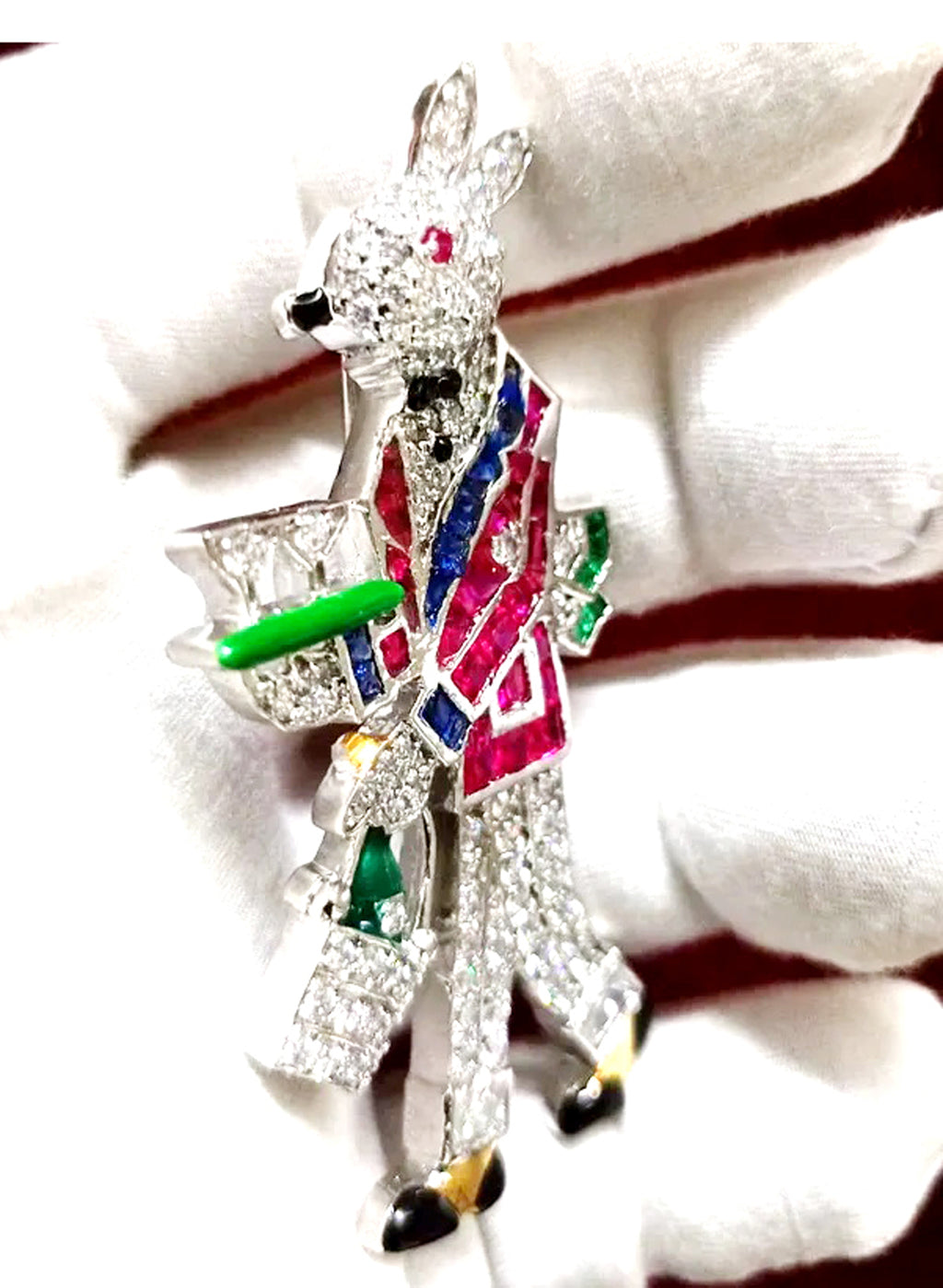 Cubic Zircon 925 Silver Ruby Sapphire Brooch Enamel Paint Waiter Rabbit Pin