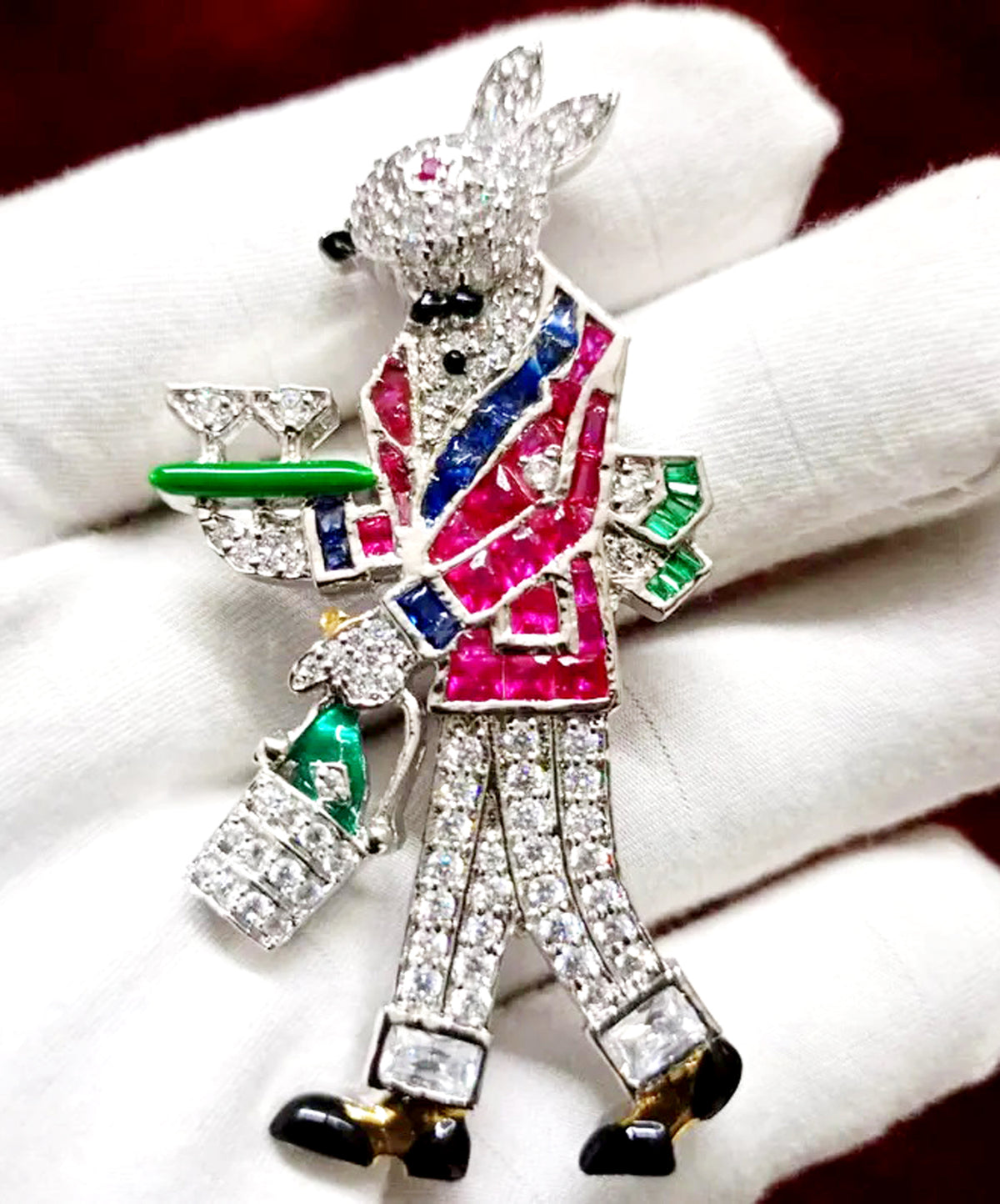 Cubic Zircon 925 Silver Ruby Sapphire Brooch Enamel Paint Waiter Rabbit Pin