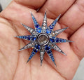 Rose Cut Diamond 925 Sterling Silver Sapphire Brooch – Elegant Designer Statement Jewelry Pin