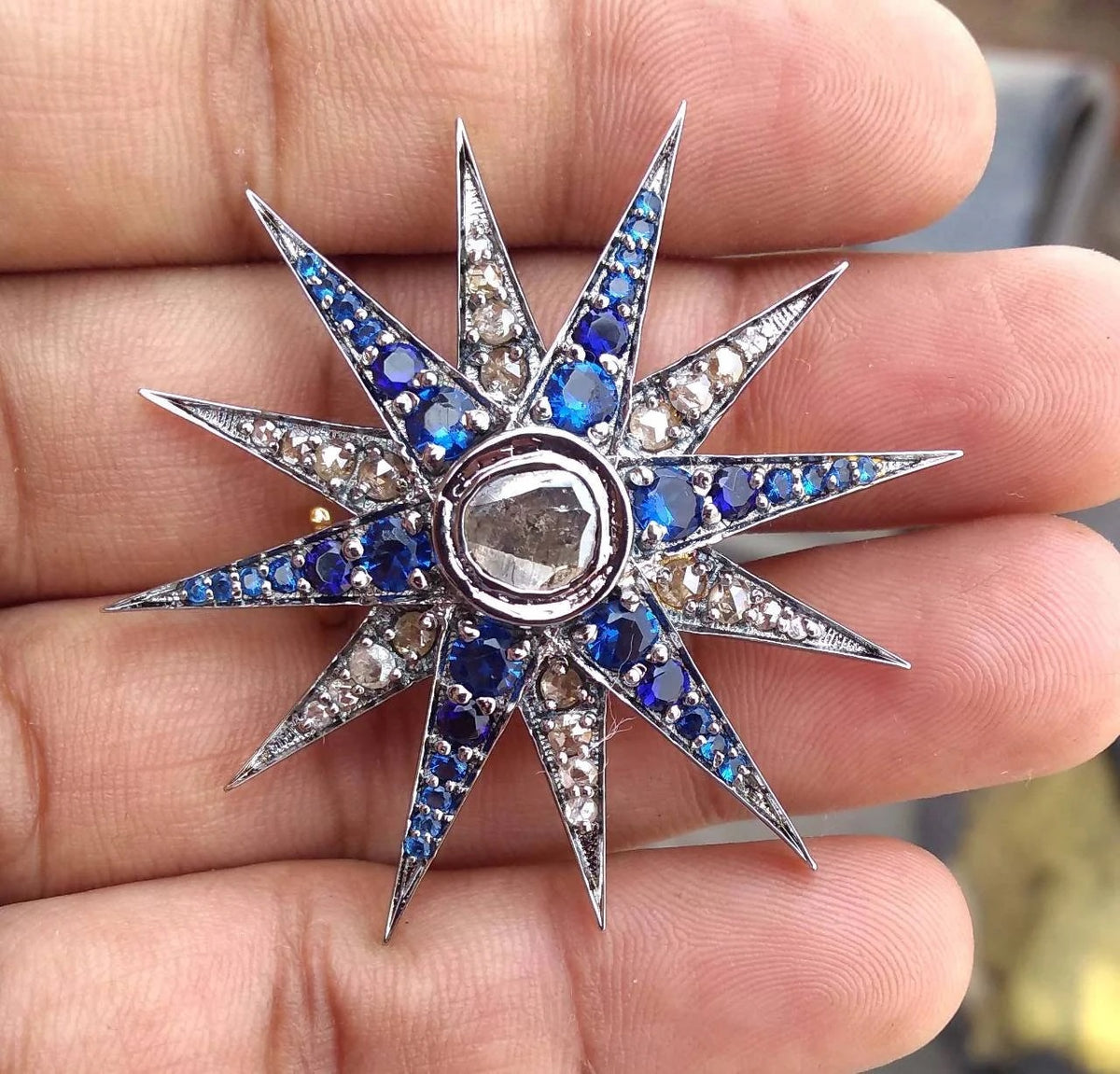 Rose Cut Diamond 925 Sterling Silver Sapphire Brooch – Elegant Designer Statement Jewelry Pin