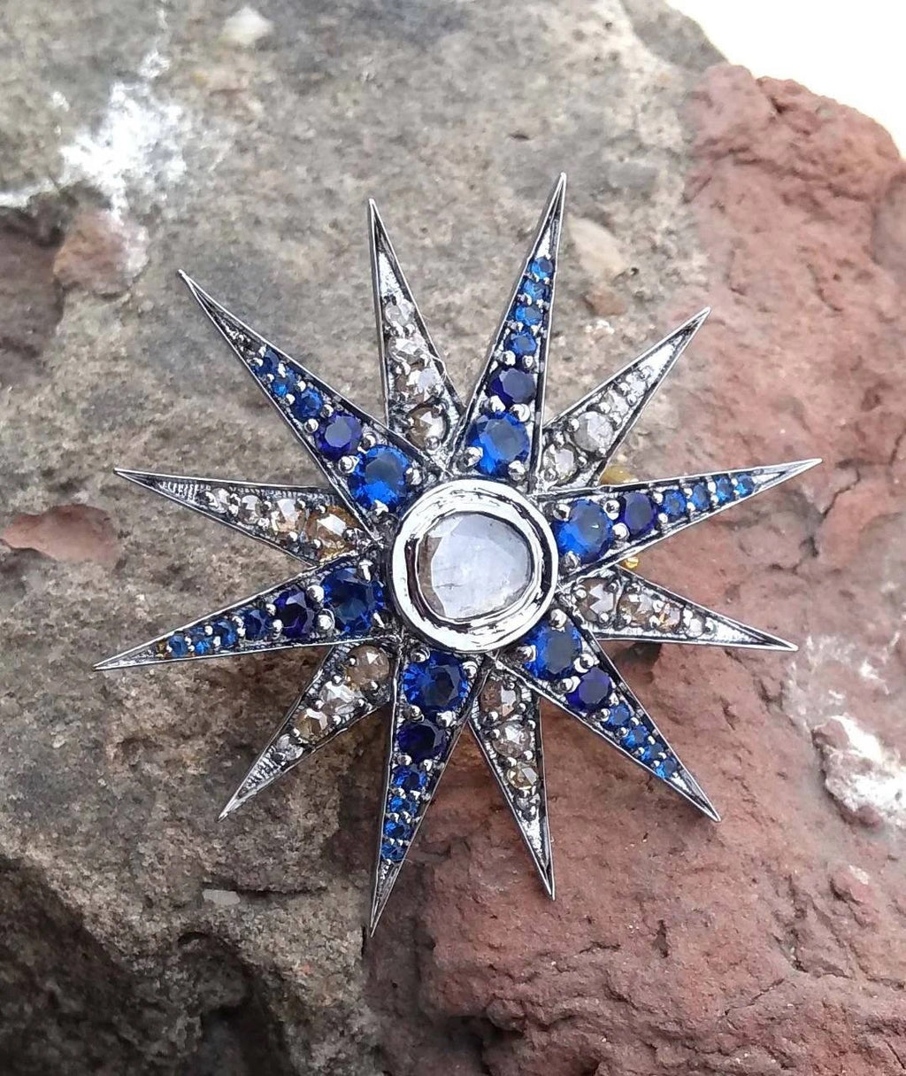 Rose Cut Diamond 925 Sterling Silver Sapphire Brooch – Elegant Designer Statement Jewelry Pin