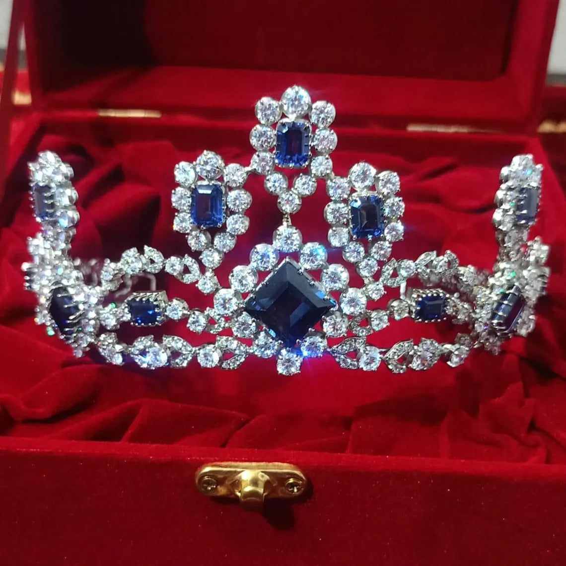 Sterling Silver 925 Blue Sapphire Tiara with Cubic Zirconia | Wedding Crown for Women and Brides