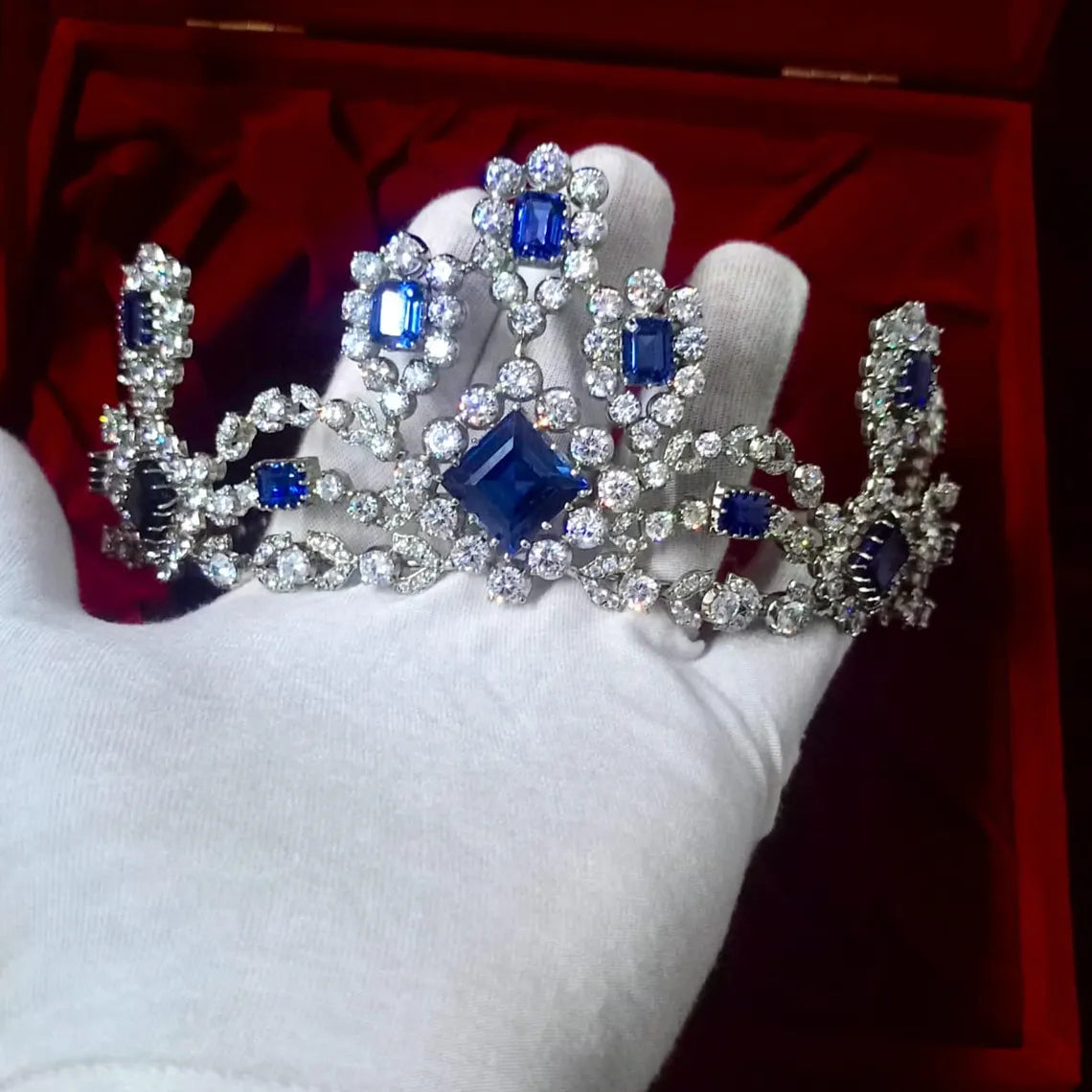 Sterling Silver 925 Blue Sapphire Tiara with Cubic Zirconia | Wedding Crown for Women and Brides