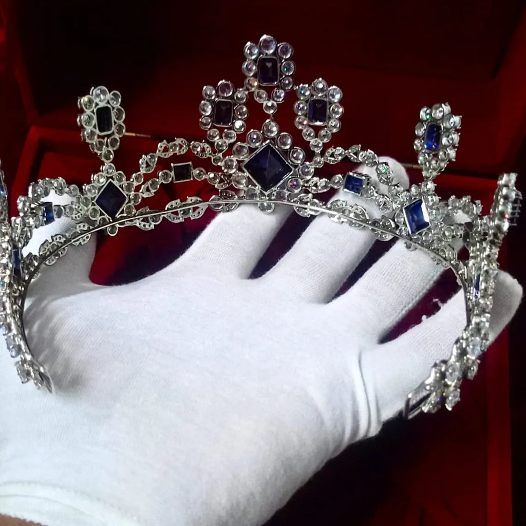Sterling Silver 925 Blue Sapphire Tiara with Cubic Zirconia | Wedding Crown for Women and Brides