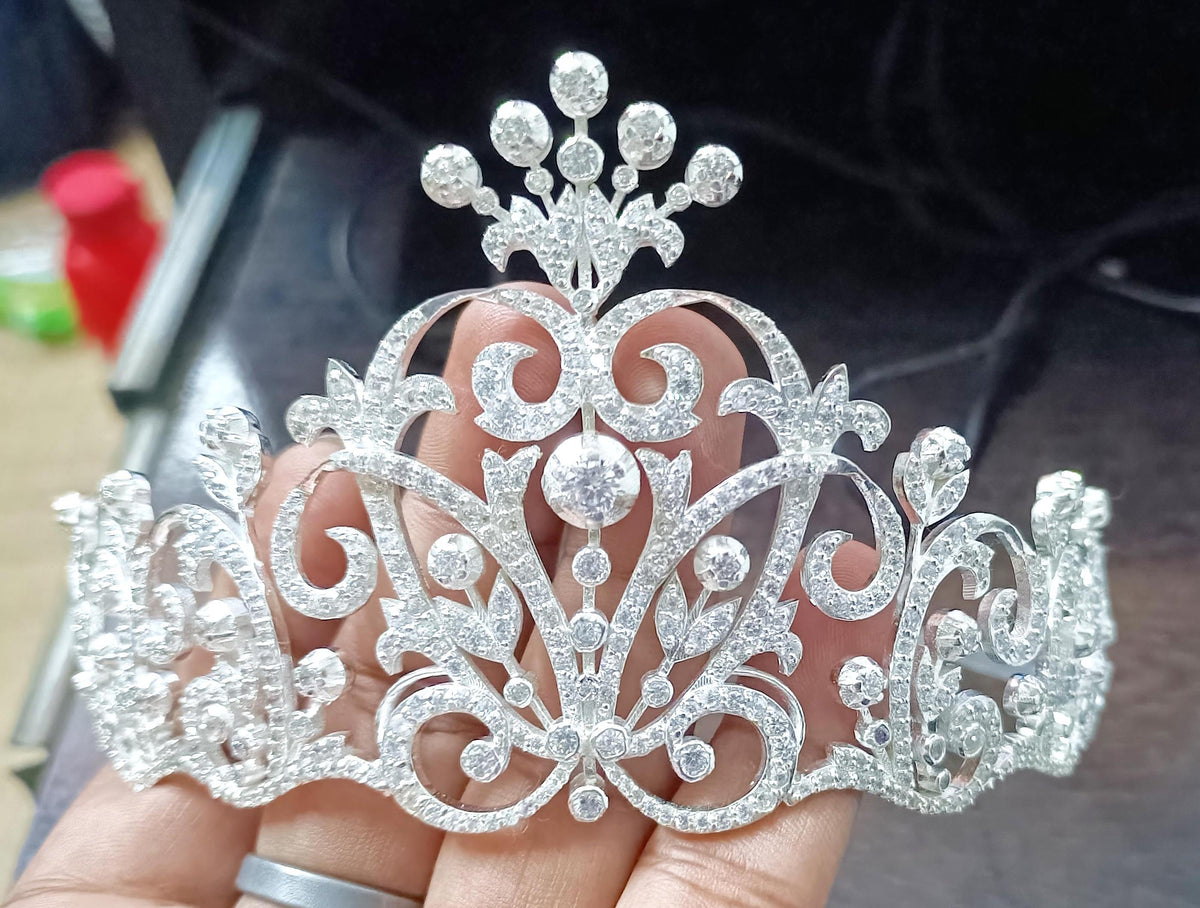 925 Sterling Silver Cubic Zircon Handmade Crown Tiara for Women Hair Jewelry