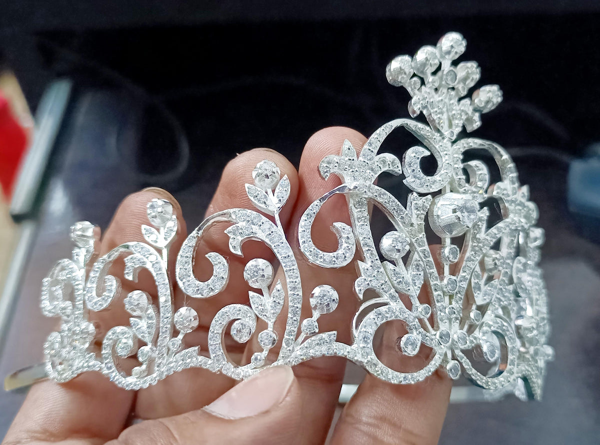 925 Sterling Silver Cubic Zircon Handmade Crown Tiara for Women Hair Jewelry