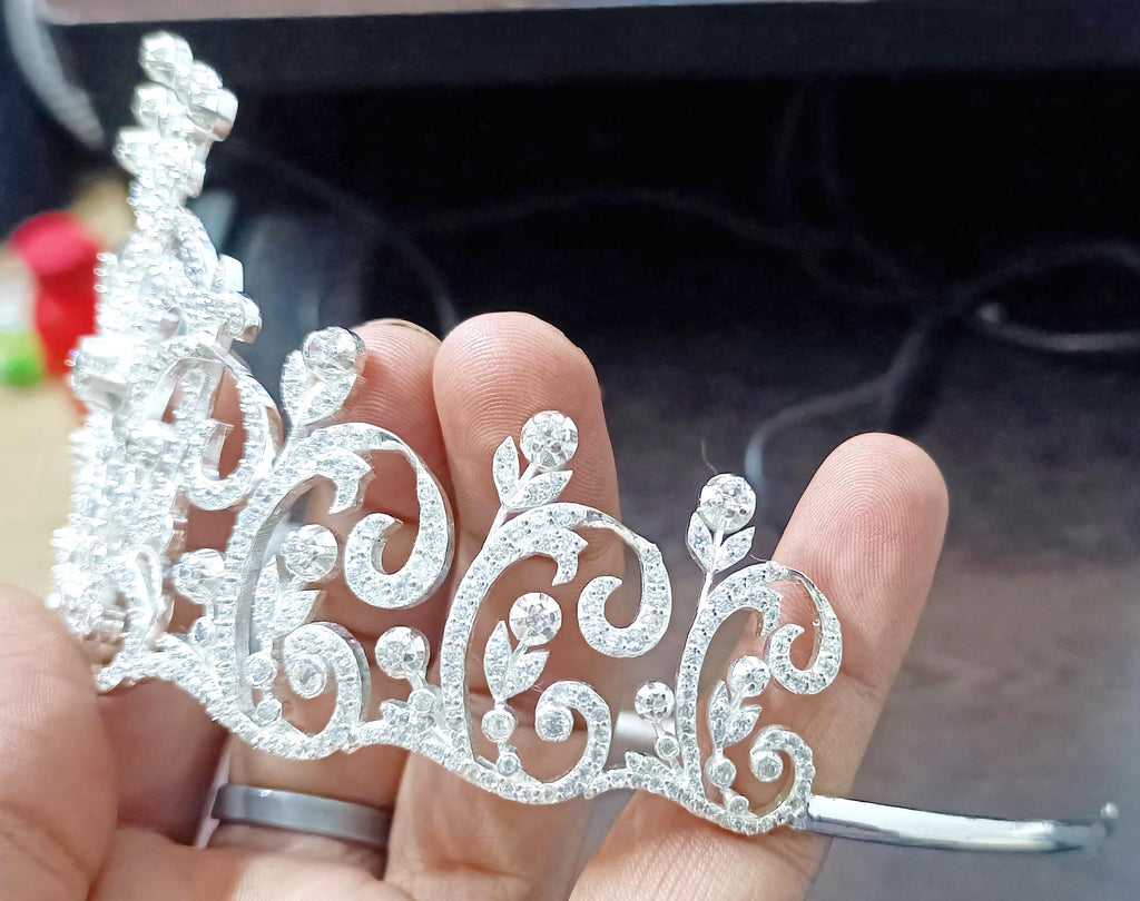 925 Sterling Silver Cubic Zircon Handmade Crown Tiara for Women Hair Jewelry